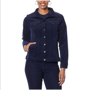DG2 Diane Gilman Women's 1X Stretch Rib Collar Button Front Jacket Navy